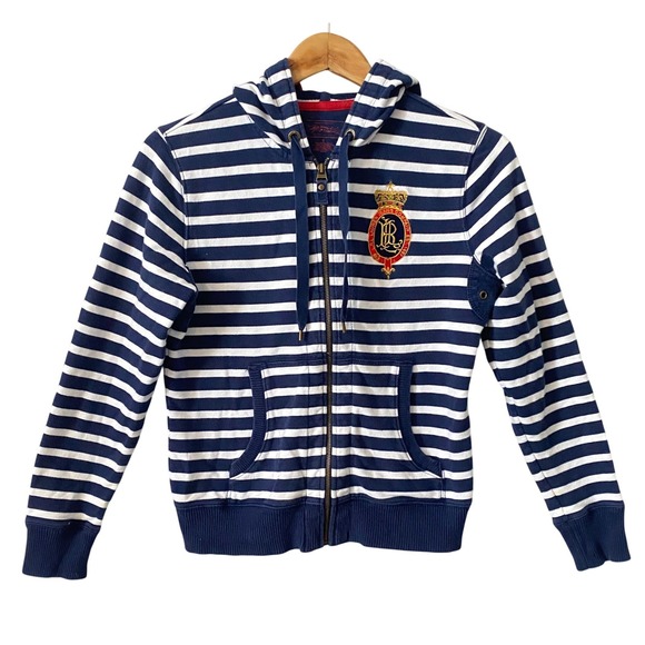 Lauren Jeans Co. Ralph Lauren Tops - Vtg Lauren Jeans Co Ralph Lauren Nautical Navy Striped Crest Zip Up Hoodie Small
